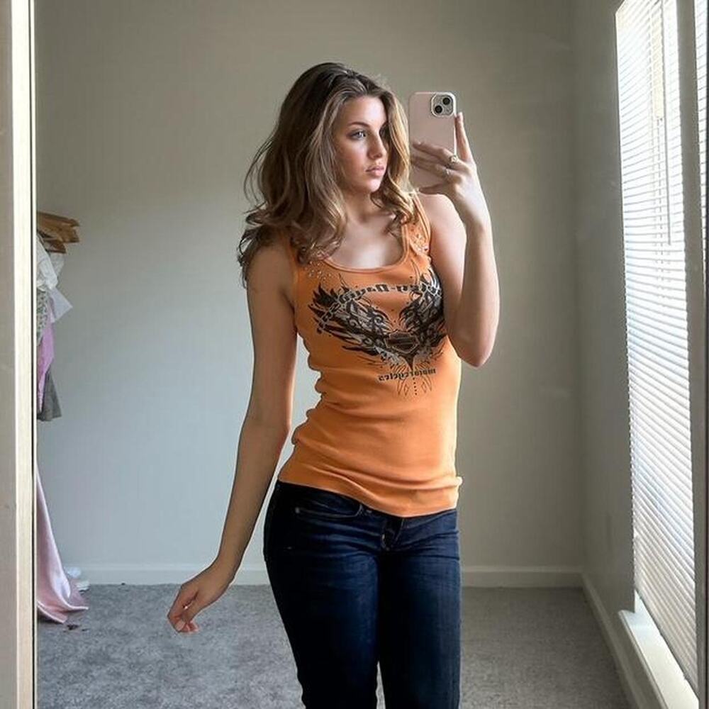 Vintage Y2K Harley Davidson orange graphic tank top with rhinestone detailing